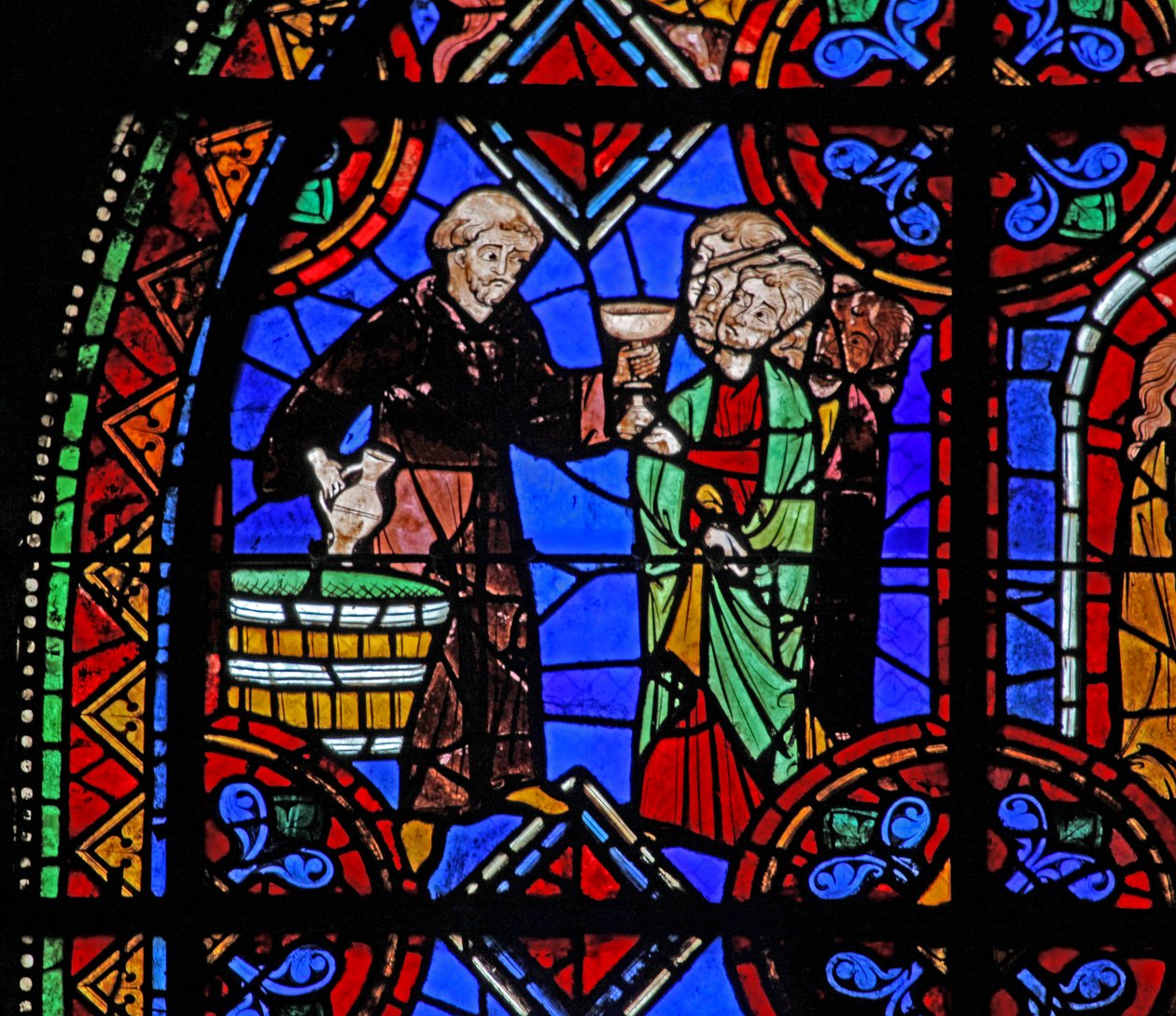 Vindu w06 som viser pilegrimer ved graven til St. Julian av Brioude hvor vin deles ut av French School