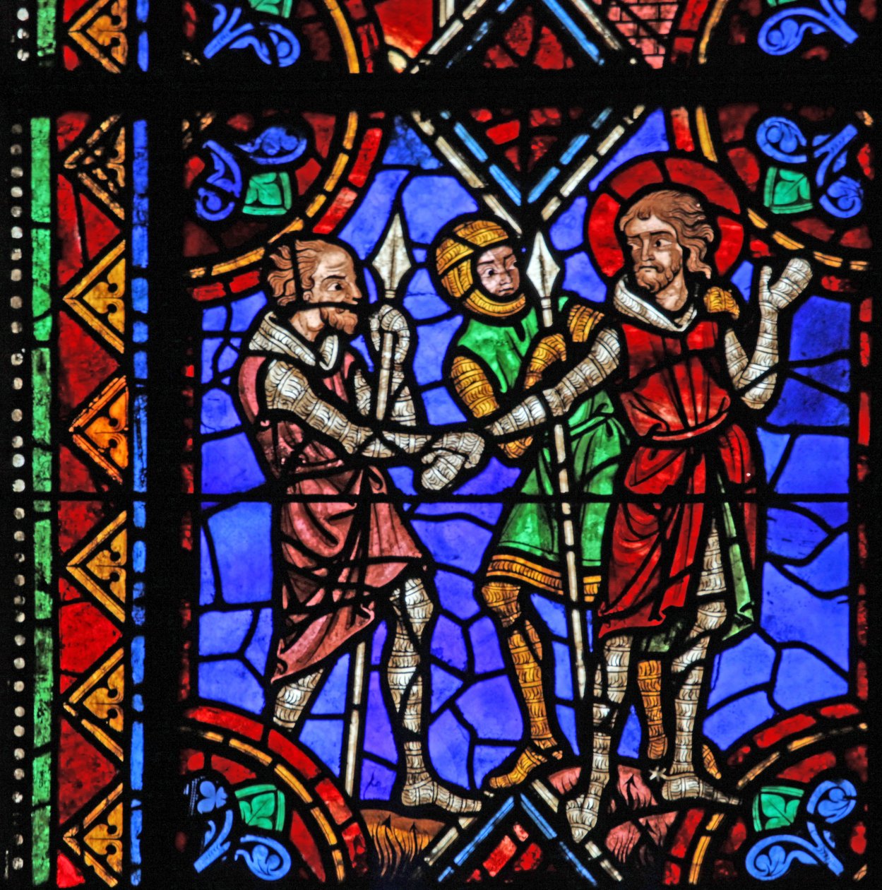 Vindu w06 som viser historien om St. Julian av Brioude - St. Ferreol, en venn av Julien, som døde under Diokletian-forfølgelsene, blir arrestert av French School