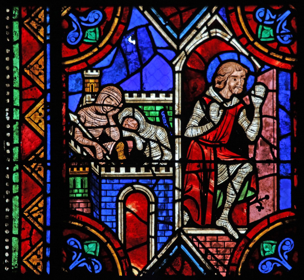 Vindu w06 som viser historien om St. Julian av Brioude - St. Ferreol, en venn av Julien, som døde under Diokletian-forfølgelsene, rømmer av French School