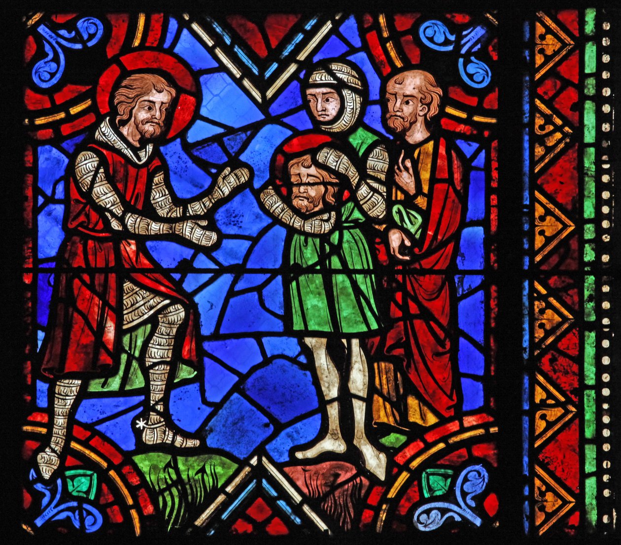 Vindu w06 som viser historien om St. Julian av Brioude - St. Ferreol, en venn av Julien, som døde under Diokletian-forfølgelsene, mottar hodet til Brioudes etter henrettelse av French School