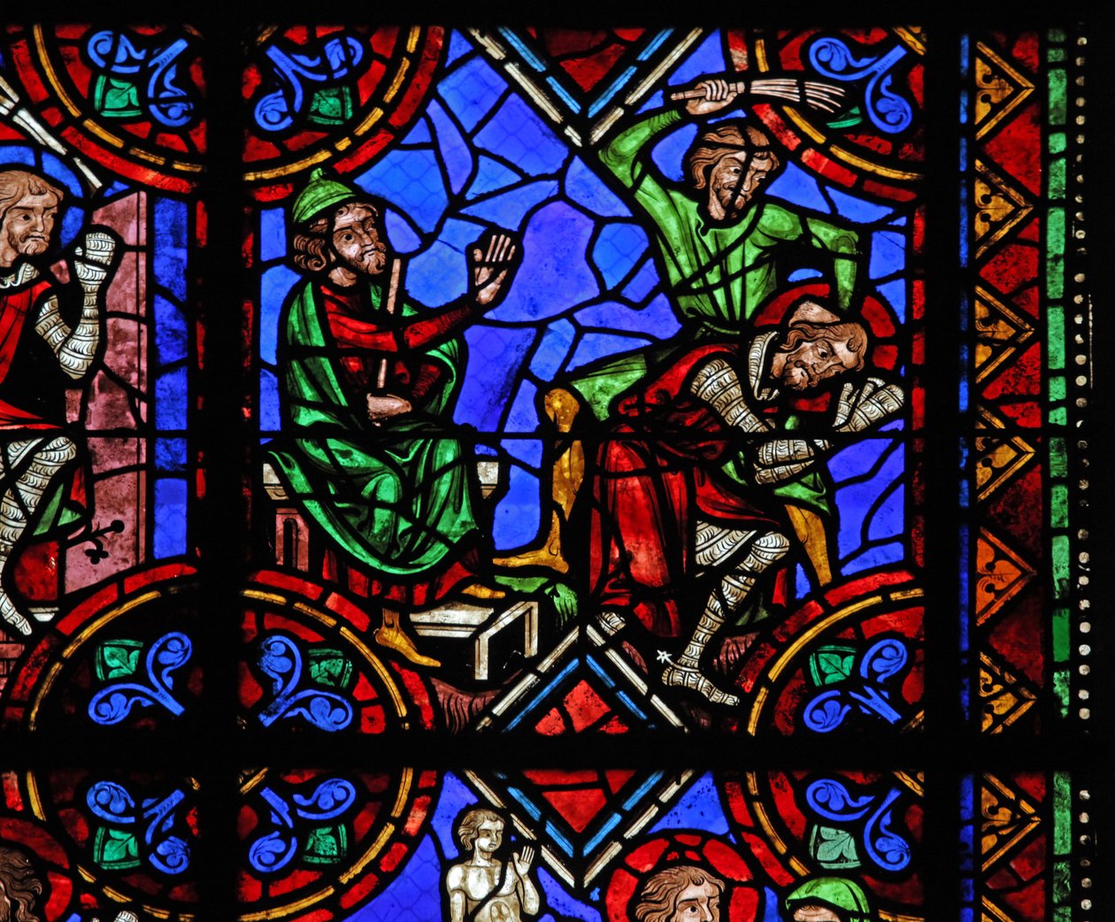 Vindu w06 som viser historien om St. Julian av Brioude - St. Ferreol, en venn av Julien, som døde under Diokletian-forfølgelsene, blir tatt til fange og slått av French School