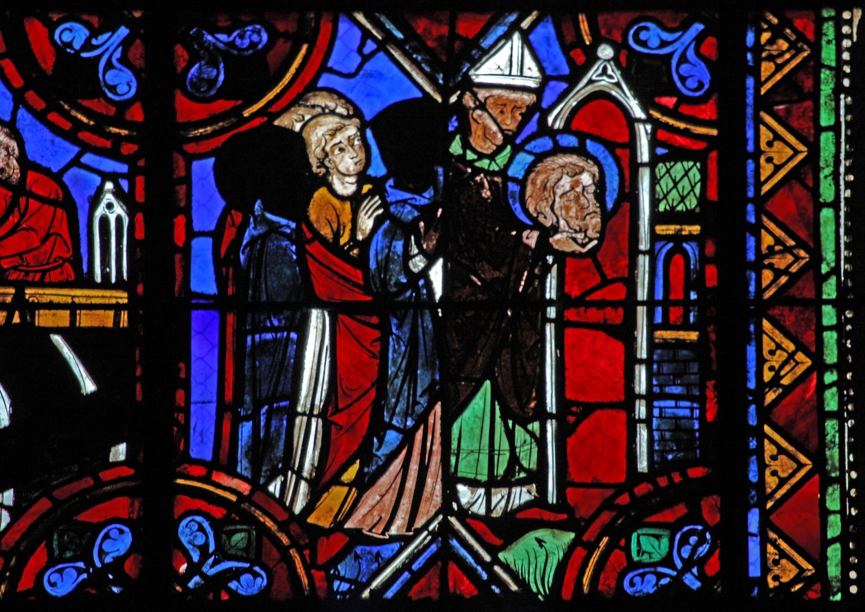Vindu w06 som viser historien om St. Julian av Brioude - døden til St. Ferreol, en venn av Julien, som døde under Diokletian-forfølgelsene; hans relikvier blir overført av French School