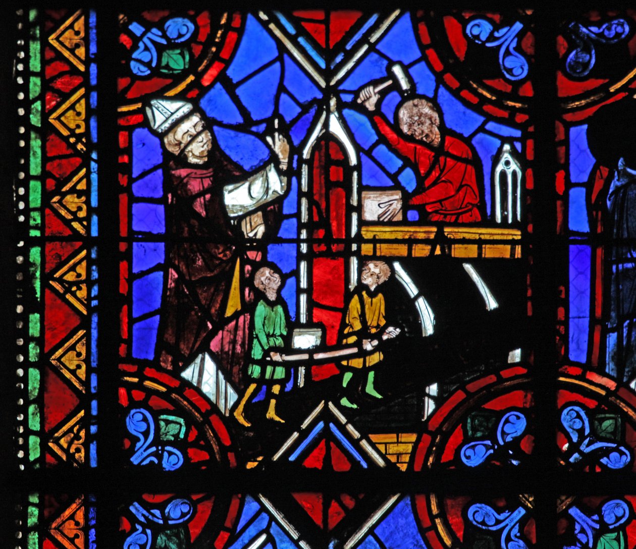 Vindu w06 som viser byggingen av en kirke av French School