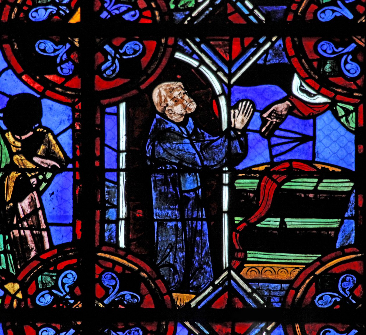 Vindu w06 som viser miraklet med den fulle vintønnen ved stiftelsen av St Juliens kloster av French School