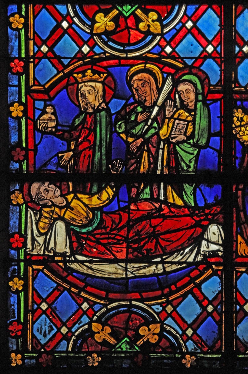 Vindu w08 som viser St Martin med Jomfru Maria, St Agnes og St Thecle av French School