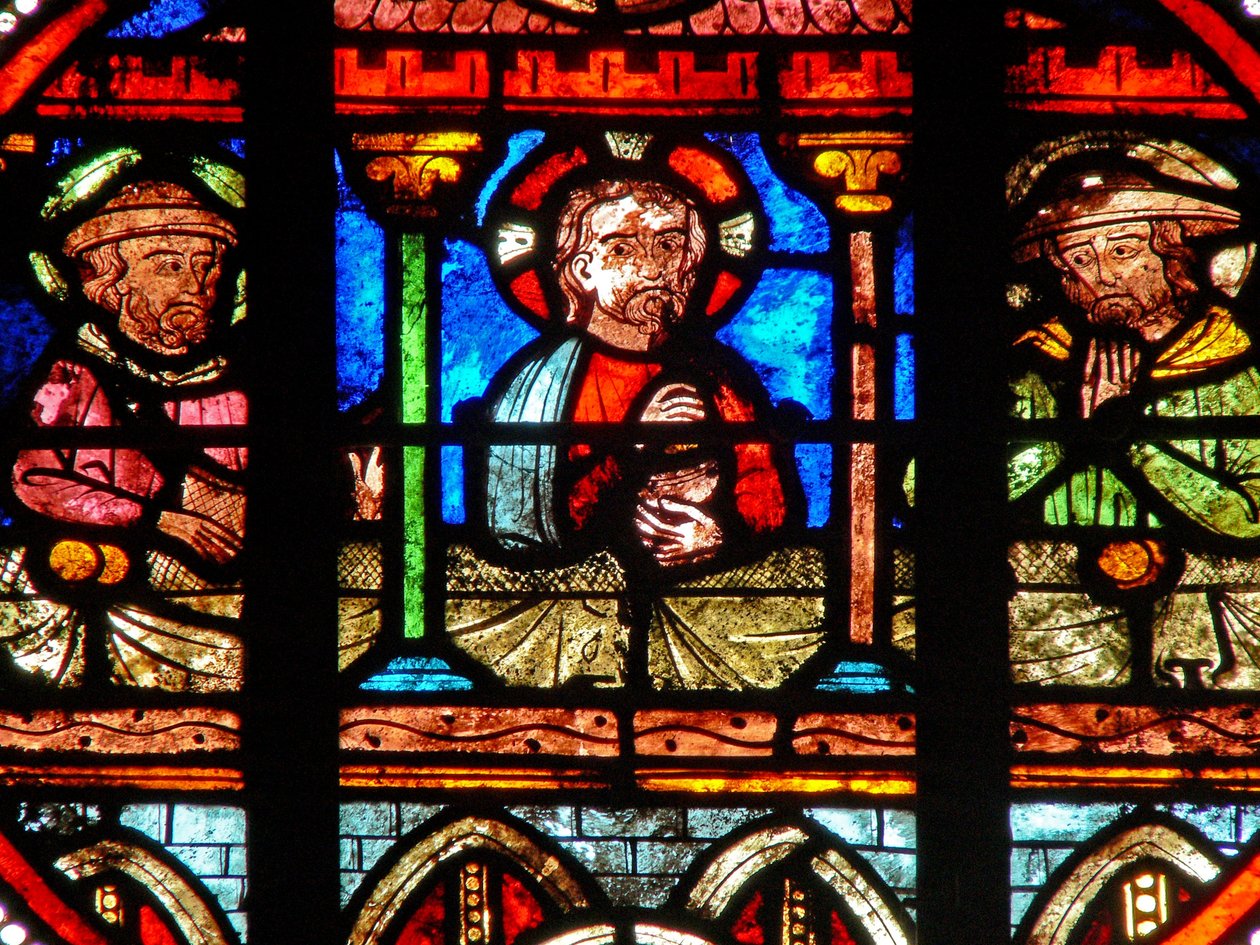 Vindu w0 som viser en oppstandelsesscene: kveldsmaten i Emmaus av French School