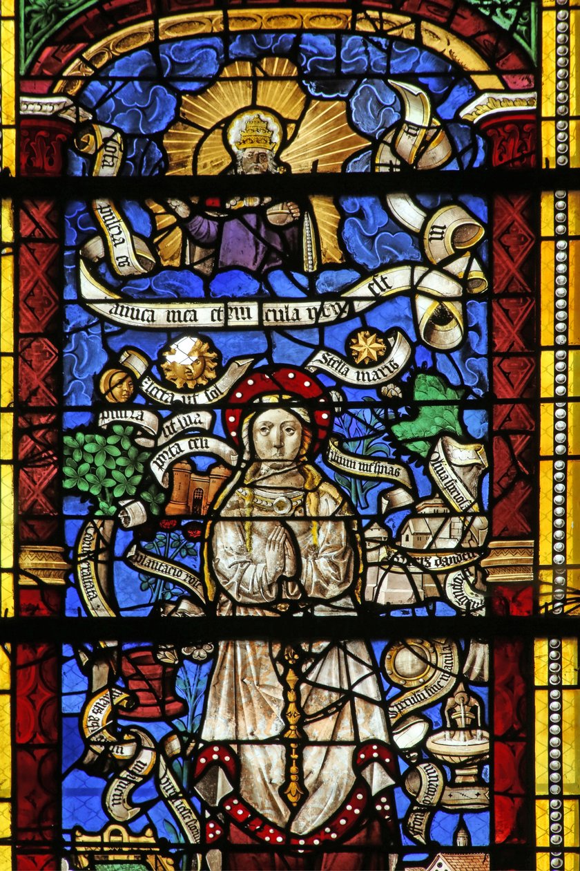 Vindu w0 som viser litanien til jomfru Maria. (Etter en gravering av Thilmann Kerver) av French School