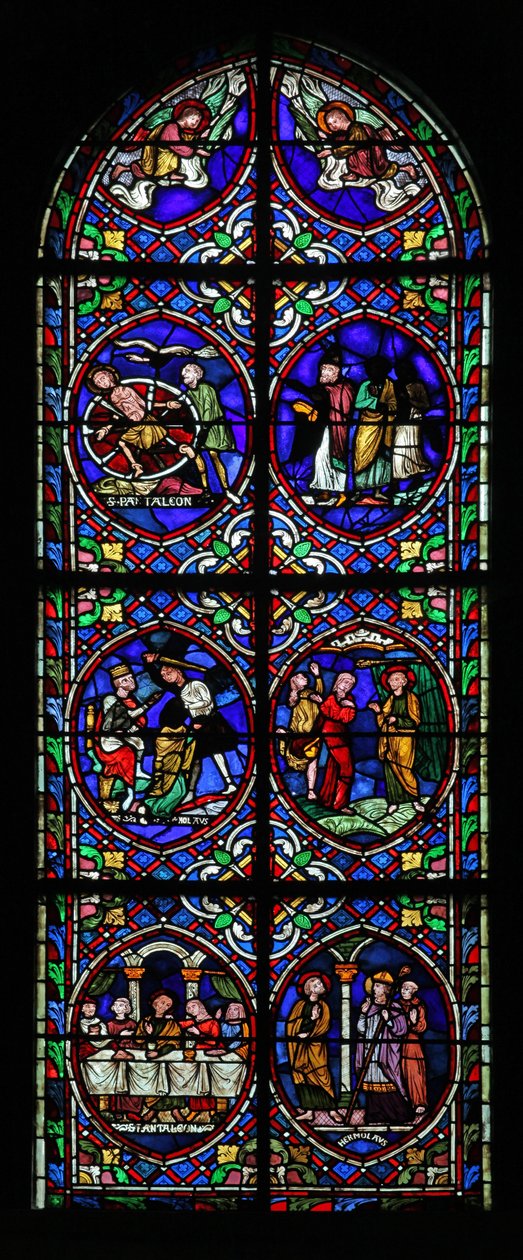 Vindu w.102 som viser scener fra livet til St. Pantaléon av French School