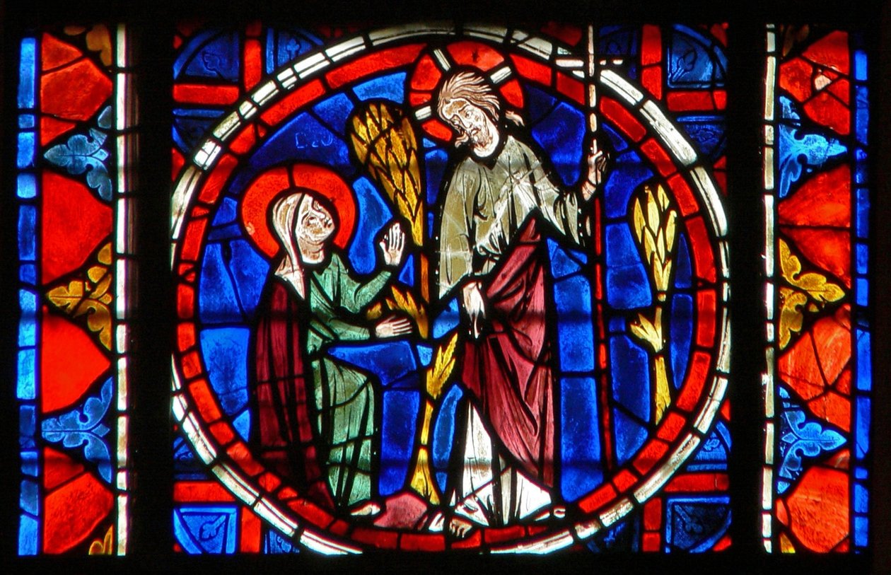 Vindu w109 som viser Maria Magdalena med Kristus i oppstandelsens hage av French School