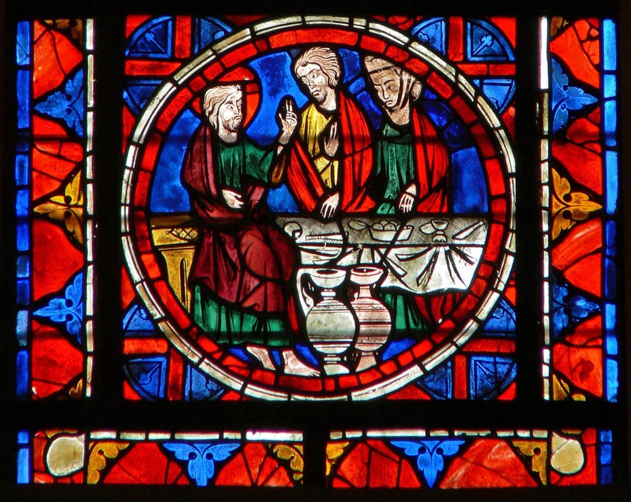 Vindu w109 som viser en scene fra livet til Maria Magdalena - ved måltidet på Simons sted av French School