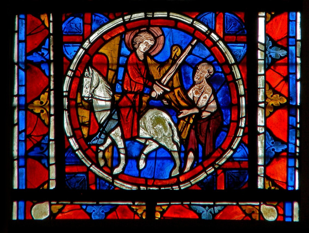 Vindu w109 som viser Charity of St Martin: han deler kappen sin av French School