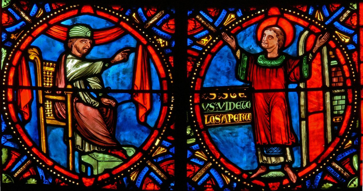 Vindu w10 som viser ypperstepresten som prøver å fraråde Stefanus fra å forkynne (moderne) av French School