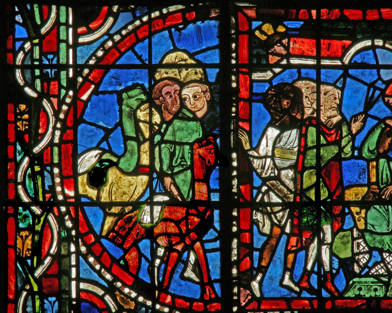 Vindu w11-L som viser en scene fra historien om Josef: brødrene hans ber Benjamin om å komme tilbake med dem av French School