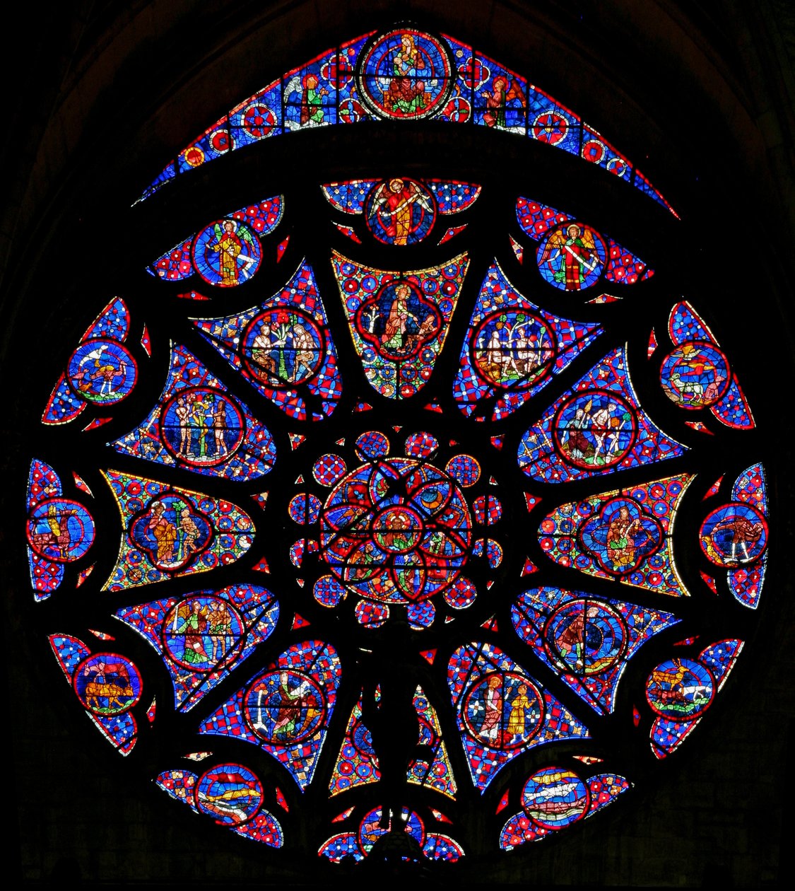 Vindu w115 som viser skapelsen (delvis moderne) (rosavindu - innvendig) av French School