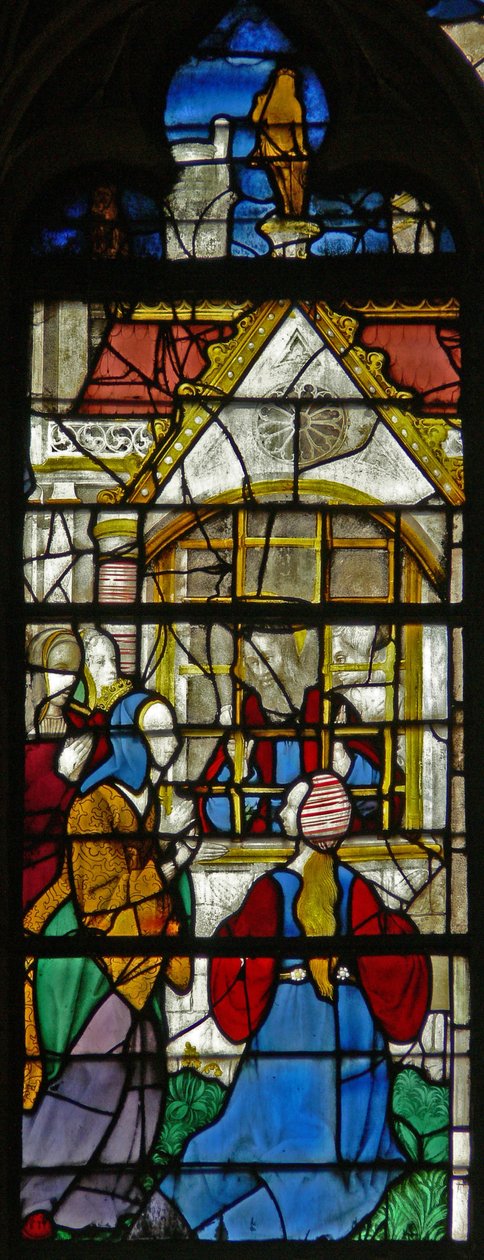 Vindu w119 som viser en scene fra livet til St. Thomas: St. Thomas i fengselet besøkes av prinsesse Migdomie; Venetiansk glass av French School