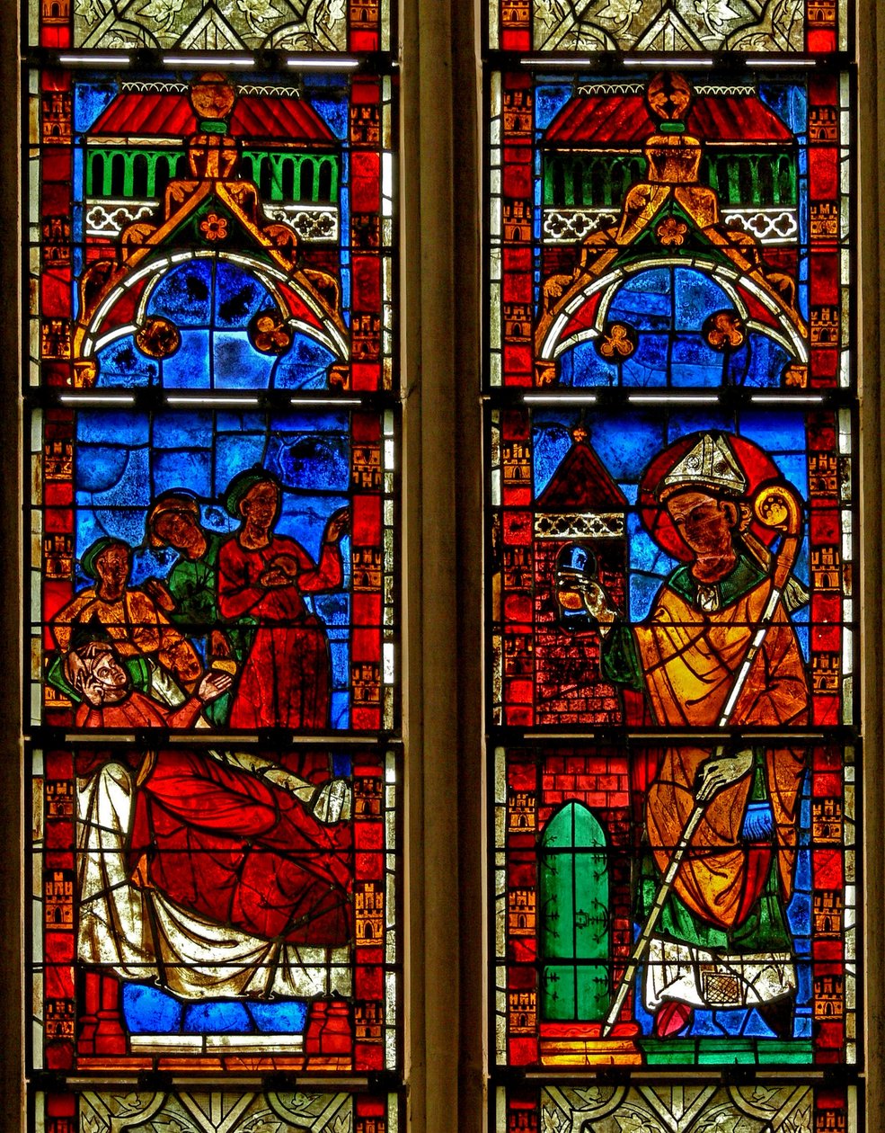 Vindu w13 som viser en scene fra en legende om St Nicholas: Three Girls er reddet fra prostitusjon av saits generøsitet av French School