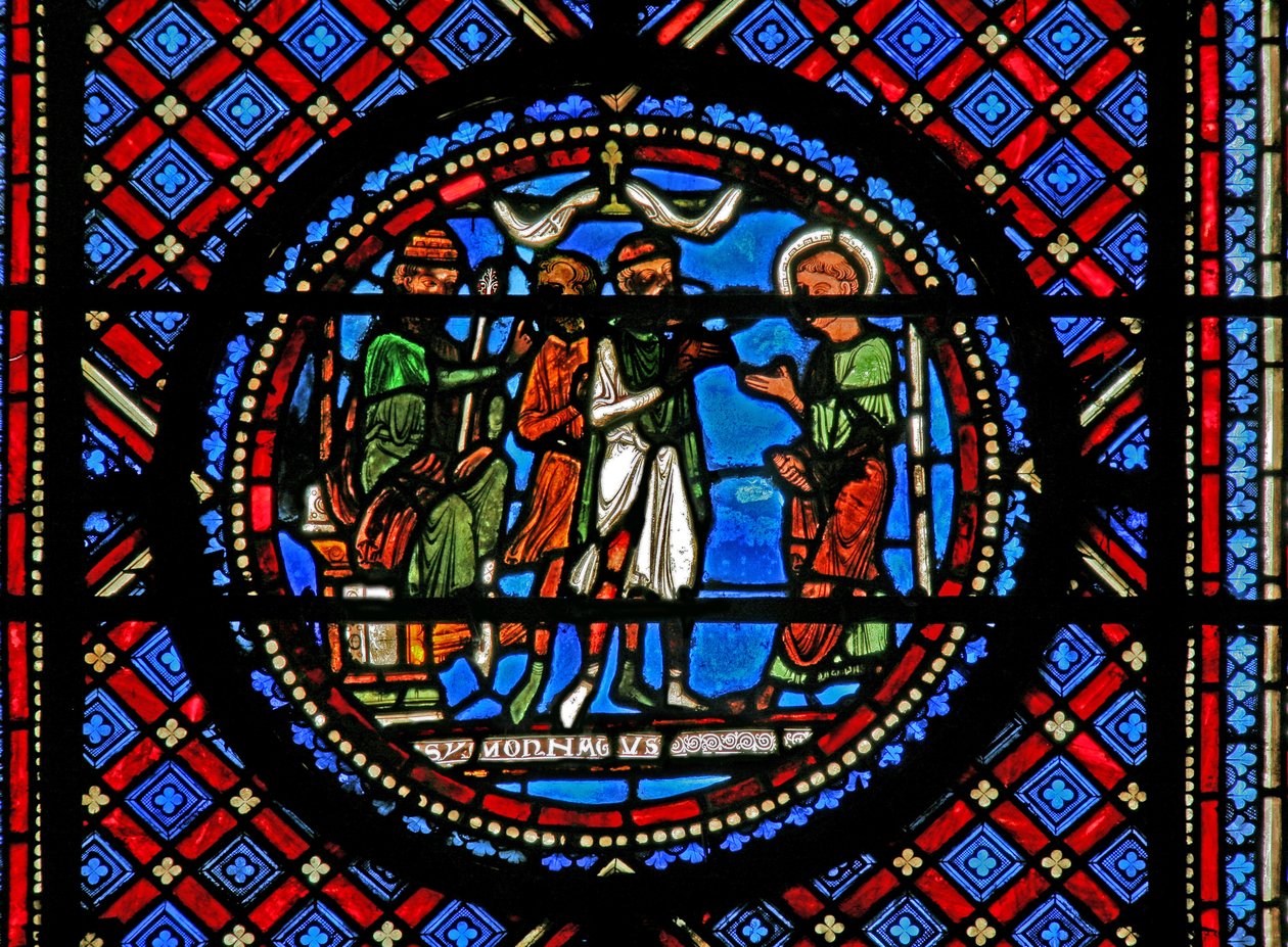 Vindu w14 som viser Simon Magus og St Peter før Herodes av French School