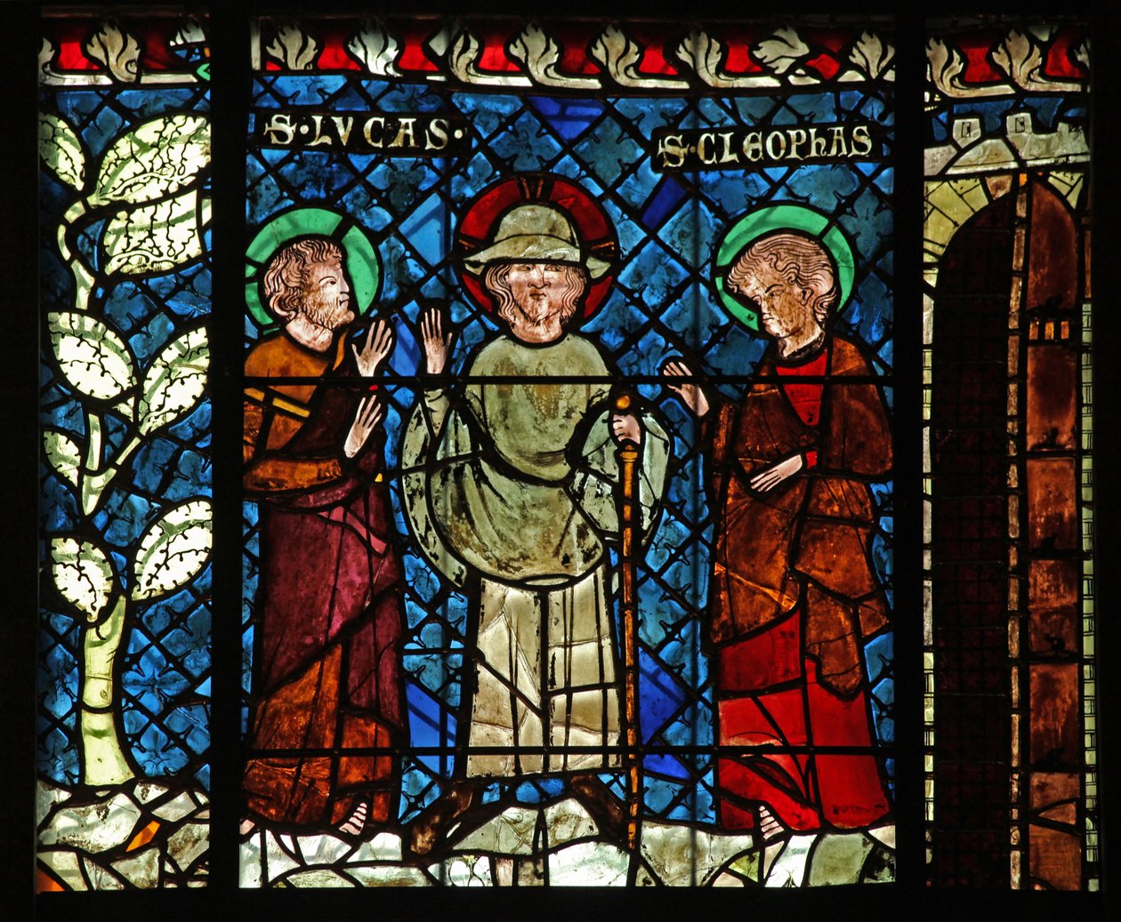 Vindu w14 som viser møtet med Kristus på veien til Emmaus: St. Lukas og St. Cleophas av French School