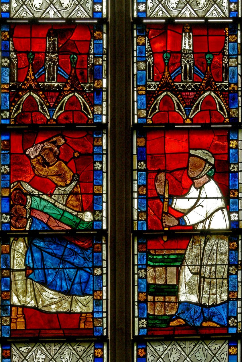 Vindu w15 som viser en scene fra en legende om St. Nicholas: miraklet med 3 gutter: en slakter dreper tre gutter av French School