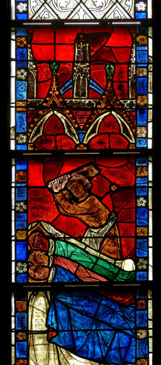Vindu w15 som viser en scene fra en legende om St. Nicholas: miraklet med 3 gutter: en slakter dreper tre gutter av French School