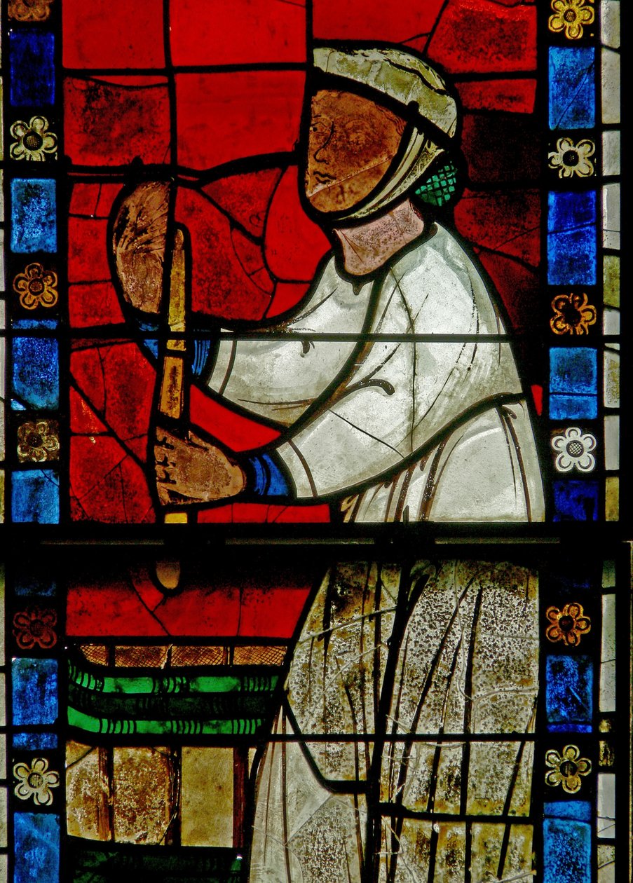 Vindu w15 som viser en scene fra en legende om St. Nicholas: miraklet med 3 gutter: en slakter dreper tre gutter av French School