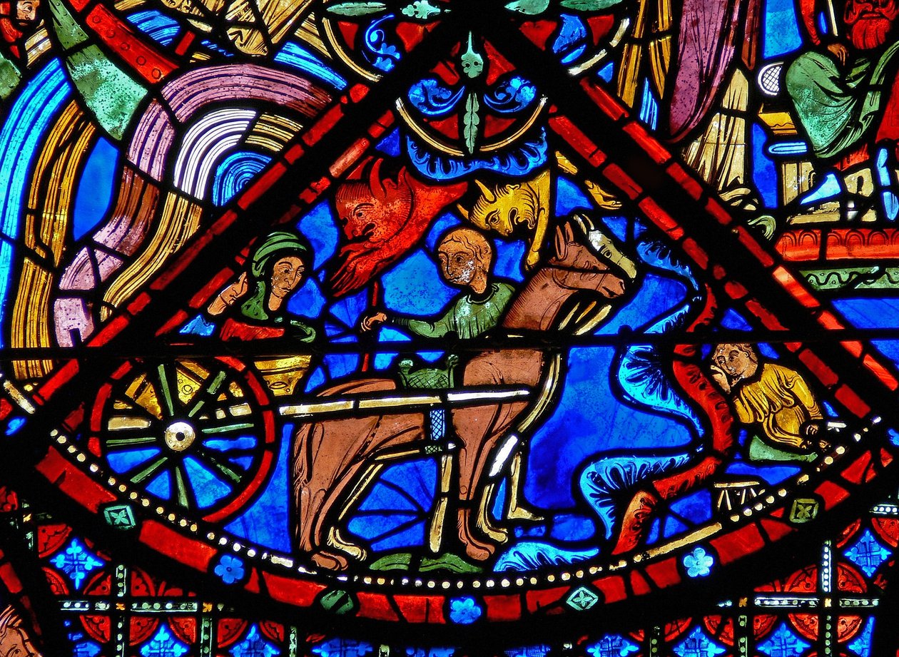 Vindu w15 som viser historien om St Stephens relikvier: djevler forstyrrer transporten av relikviene av French School
