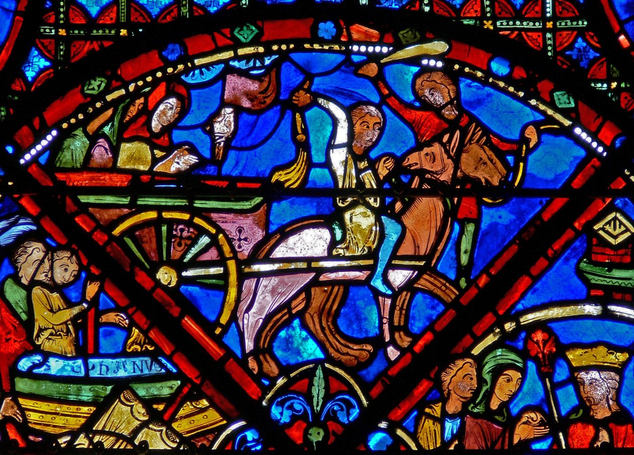 Vindu w15 som viser historien om St Stephens relikvier: transport av relikviene med hest og vogn av French School