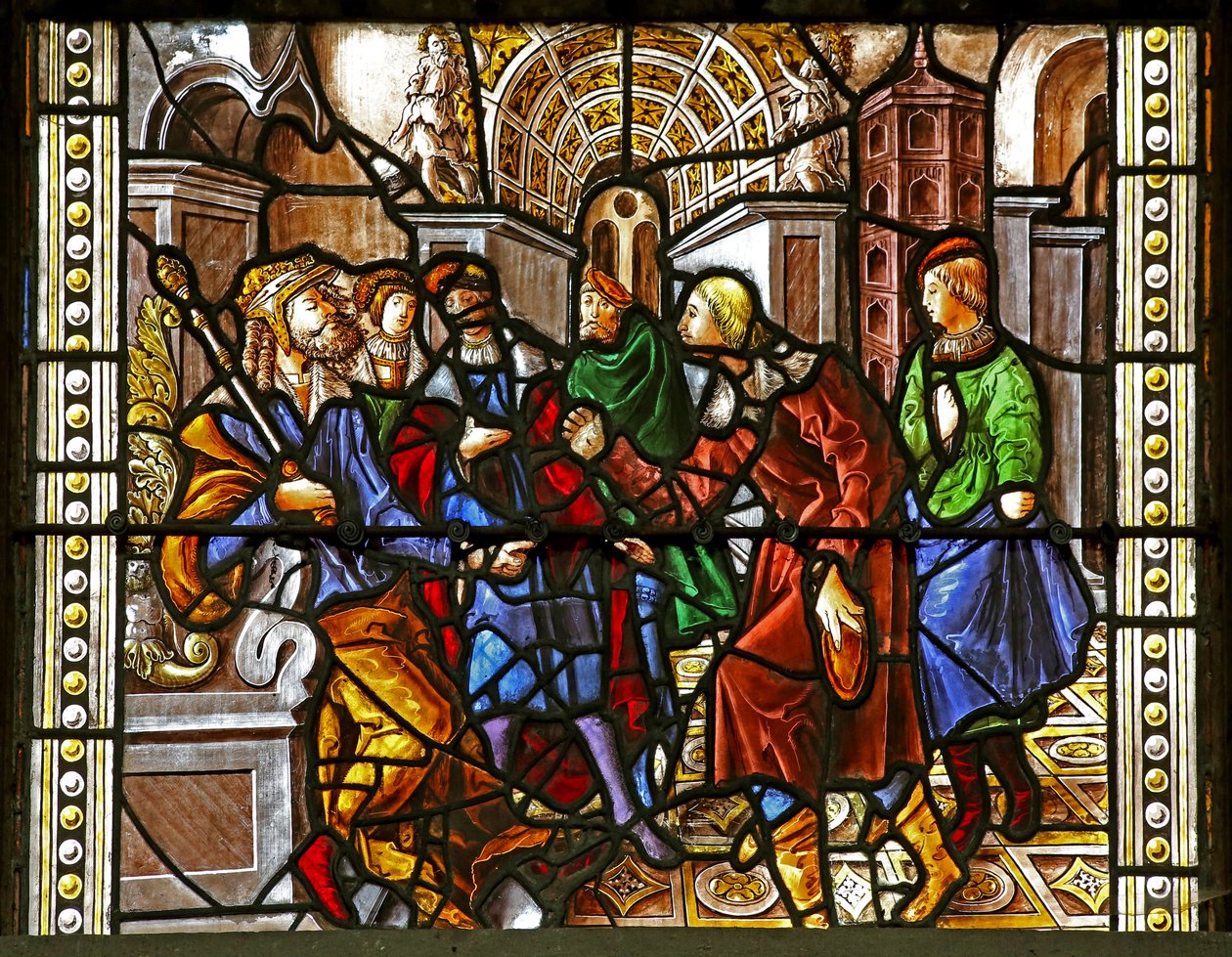 Vindu w16 som viser St. Thomas i India er invitert til bryllupet til Pelagius blir slått av en tjener - som igjen blir spist av en løve. En hund bringer inn tjenerens arm av French School