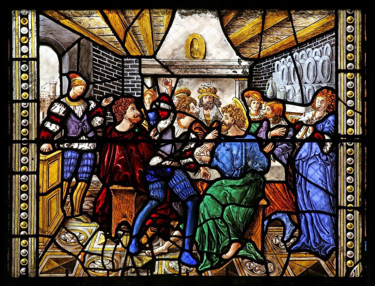 Vindu w16 som viser St. Thomas i India er invitert til bryllupet til Pelagius blir slått av en tjener - som igjen blir spist av en løve. En hund bringer inn tjenerens arm av French School