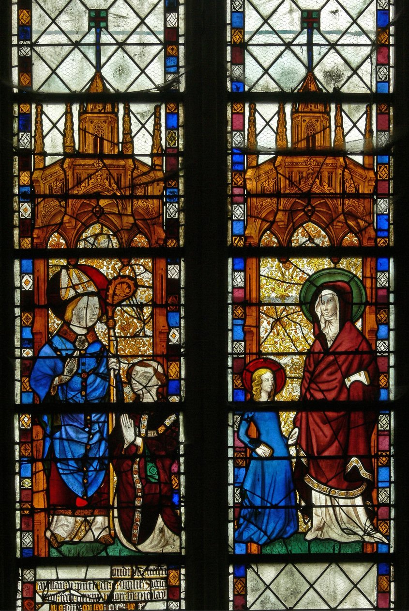 Vindu w17 som viser St. Nicholas og giveren Oudin de Troyes; St Anne og Jomfru Maria av French School