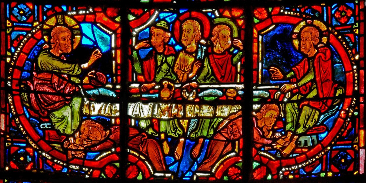 Vindu w17 som viser en scene fra Maria Magdalenas liv - helgenen som vasker Kristi føtter av French School