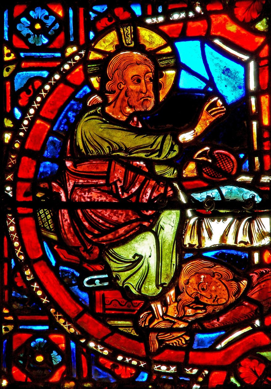 Vindu w17 som viser en scene fra Maria Magdalenas liv - helgenen som vasker Kristi føtter av French School