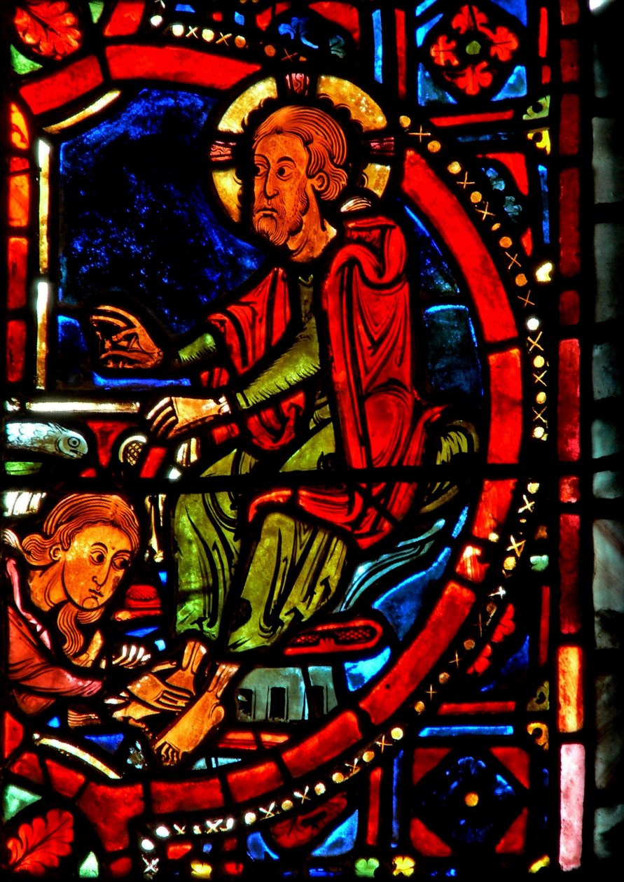 Vindu w17 som viser en scene fra Maria Magdalenas liv - helgenen som vasker Kristi føtter av French School