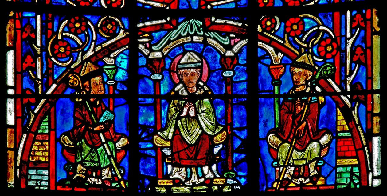 Vindu w19 som viser St. Nicholas blir biskop av Myra av French School