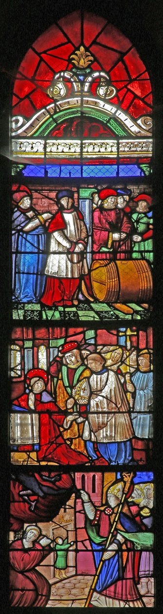 Vindu w19 som viser livet til St Remi. Under: leverer en besatt sjel. Sentrum: tilbys bispesetet i Reims (gravert) Over: vinens mirakel på Cernay av French School