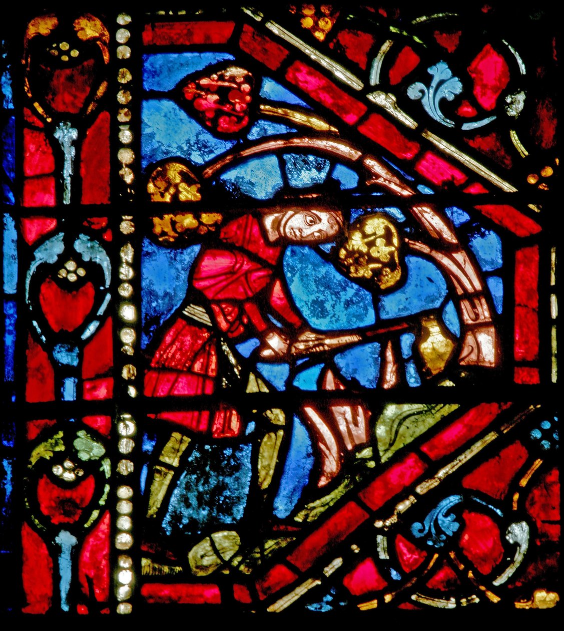 Vindu w19 som viser historien om Noahs ark: Noah planter vintreet av French School