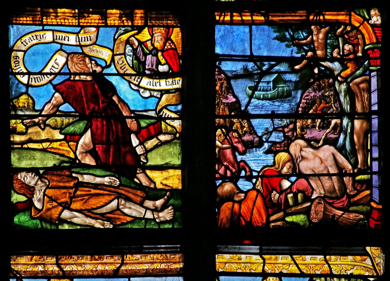 Vindu w1 som viser Kain dreper Abel; Noahs ark av French School