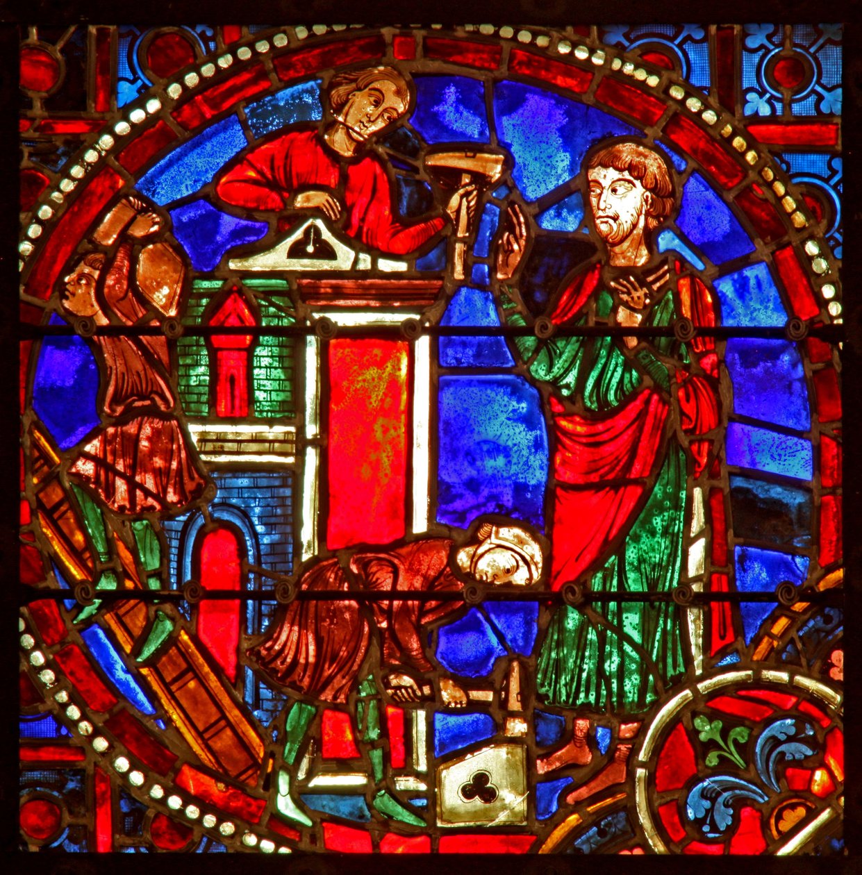 Vindu w1 som viser en scene fra Theophilus-historien: gjenoppbyggingen av Theophilus verdighet av French School