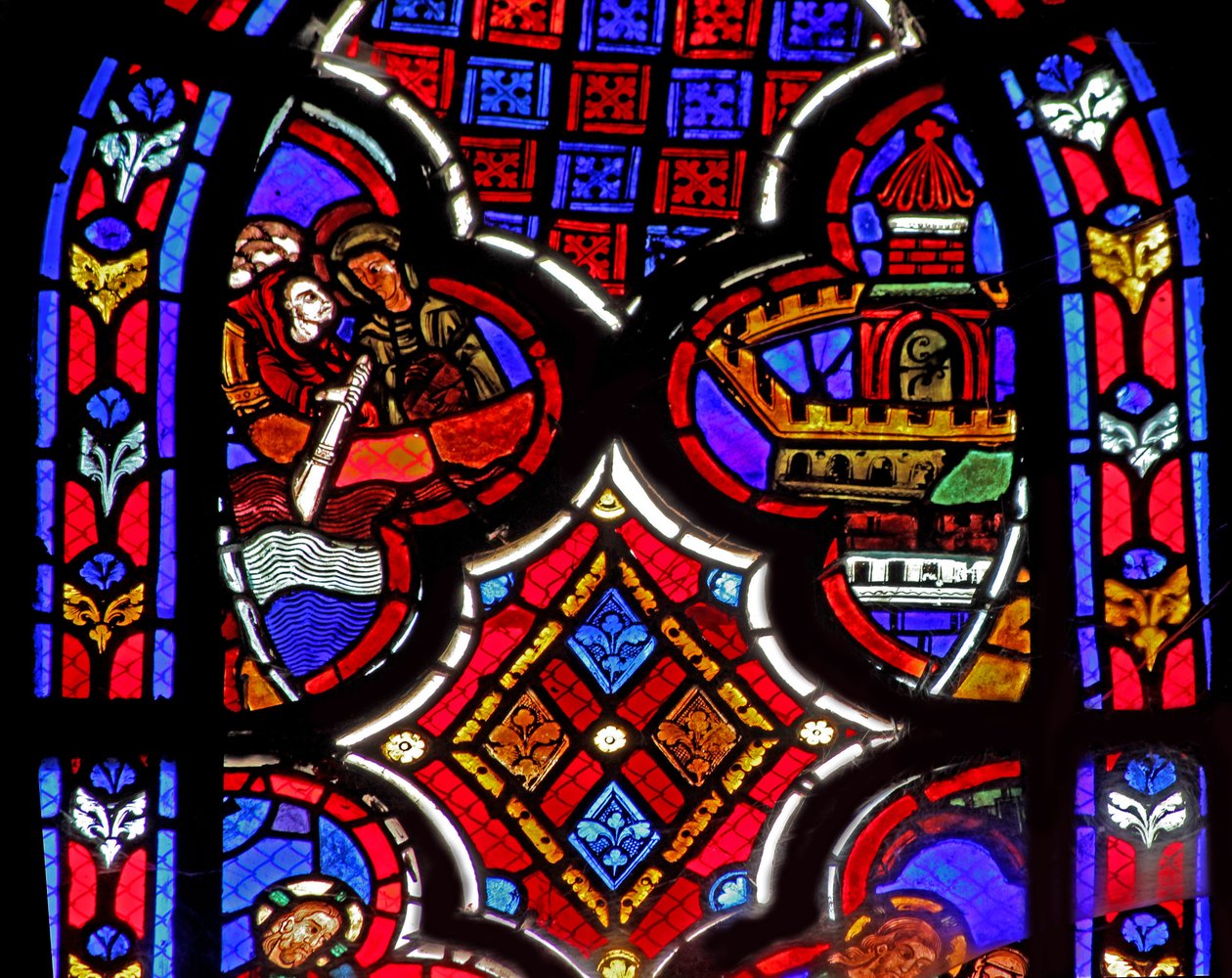Vindu w1 som viser en scene fra livet til Maria Magdalena - helgenen - reiser til Marseille av French School