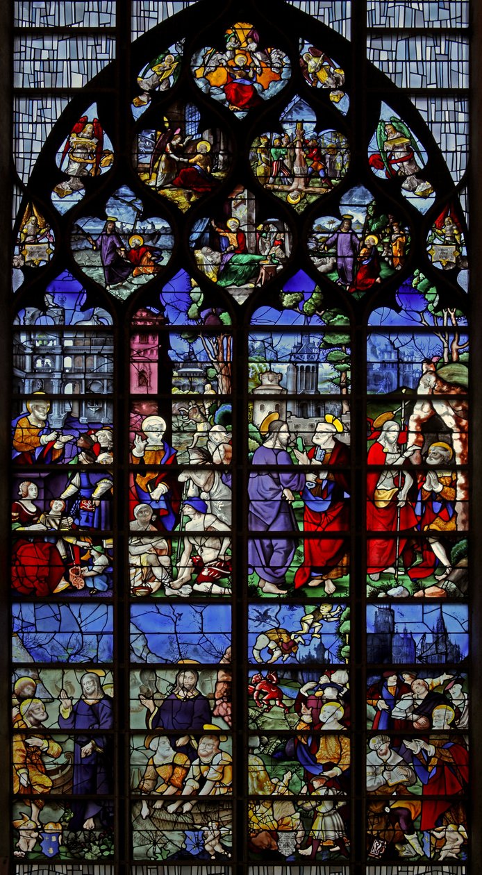 Vindu w1 som viser scener fra St Peters liv av French School