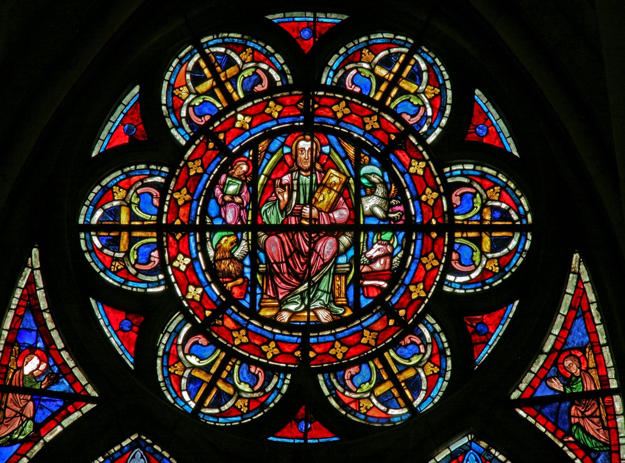 Vindu w200 som viser en rosett: Kristus omgitt av evangelistsymboler av French School