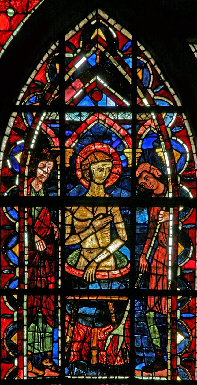 Vindu w202 som viser en scene fra legenden om St John: helgenen i en gryte med kokende olje av French School
