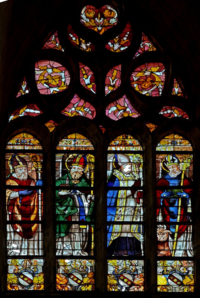 Vindu w203 som viser St. Hilarire, en uidentifisert helgen, St. Exupery, St. Sernin av French School