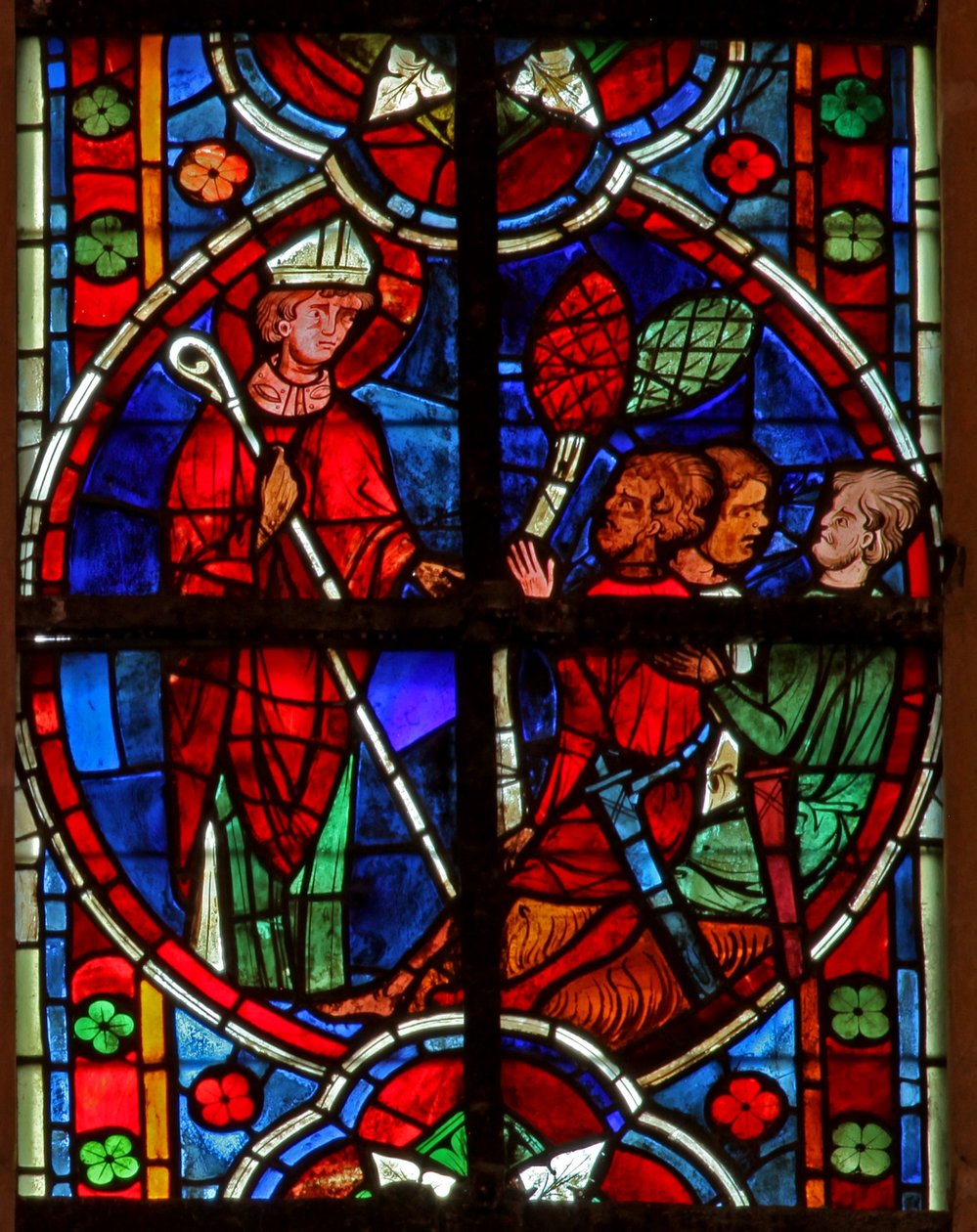 Vindu w209 som viser en scene fra en legende om St Nicholas: han konfronterer noen tyver av French School