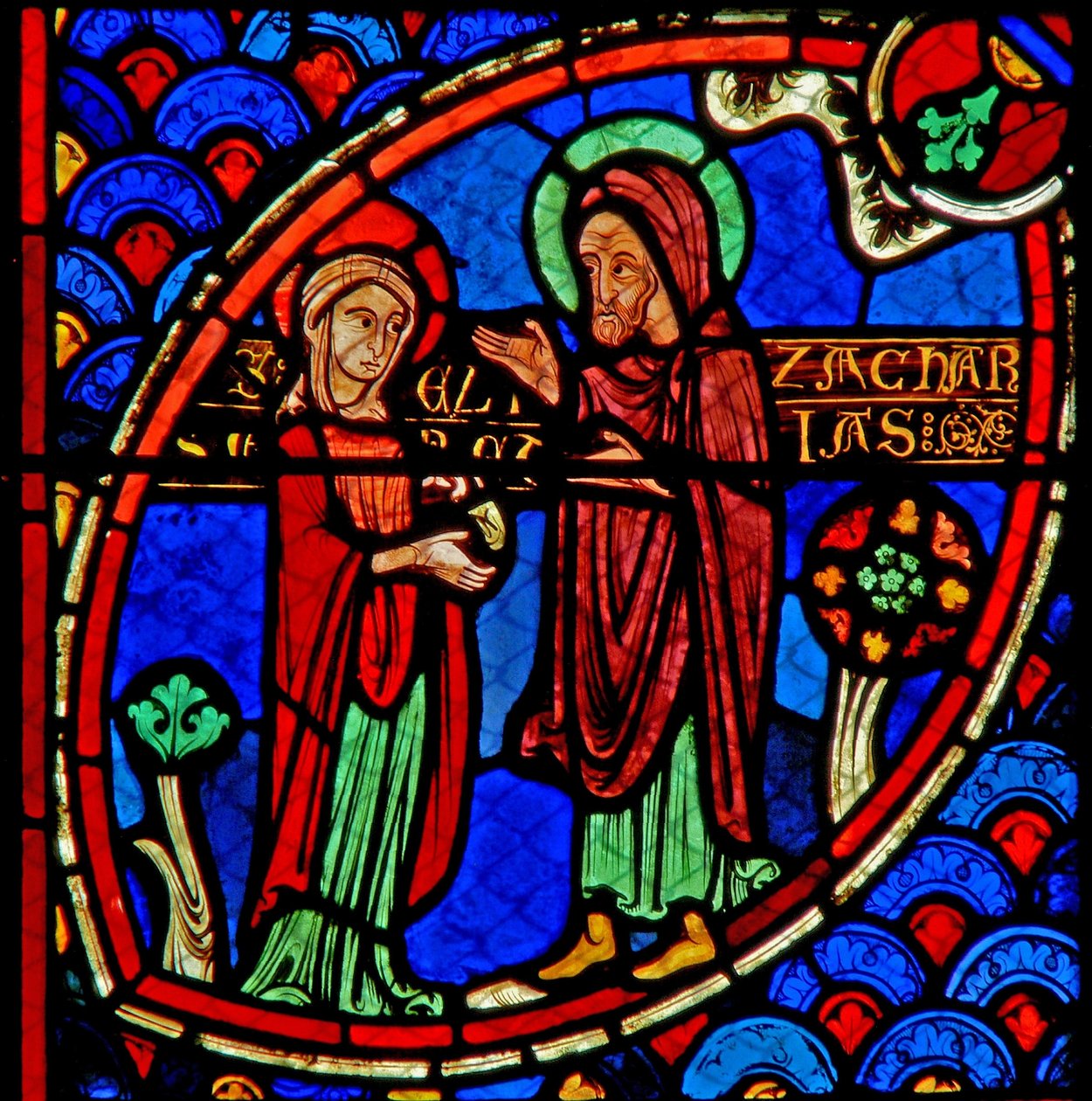 Vindu w20 som viser Zacharias og Elizabeth, foreldrene til døperen Johannes av French School