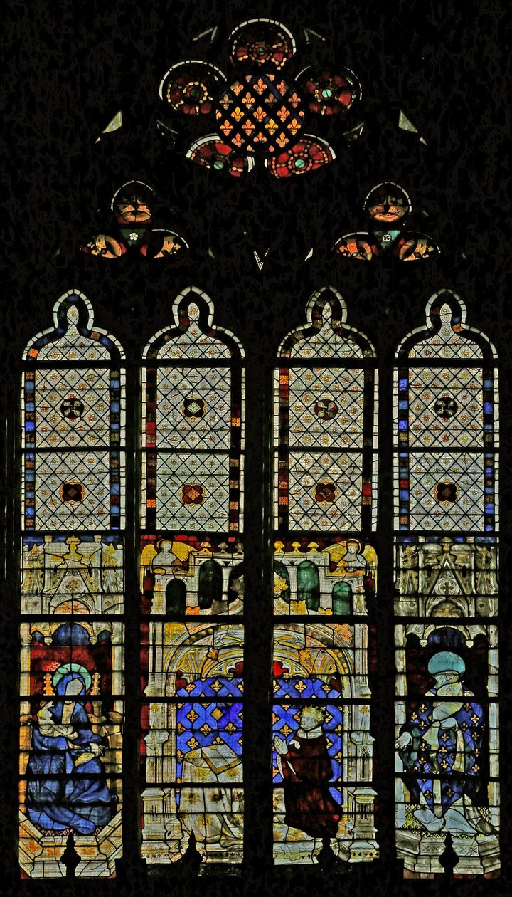 Vindu w210 som viser det kongelige vinduet med Jomfru Maria, Charles VI og St Denis av French School