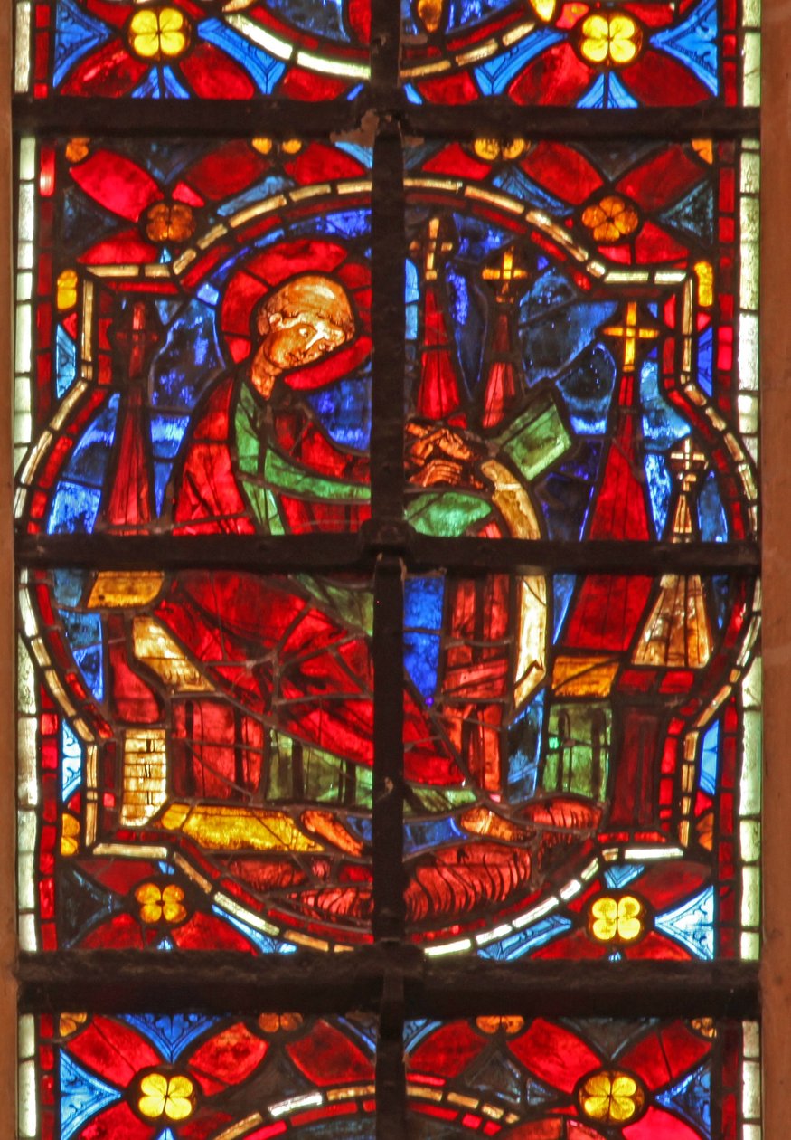 Vindu w212 som viser St John skriver Apokalypsens bok av French School