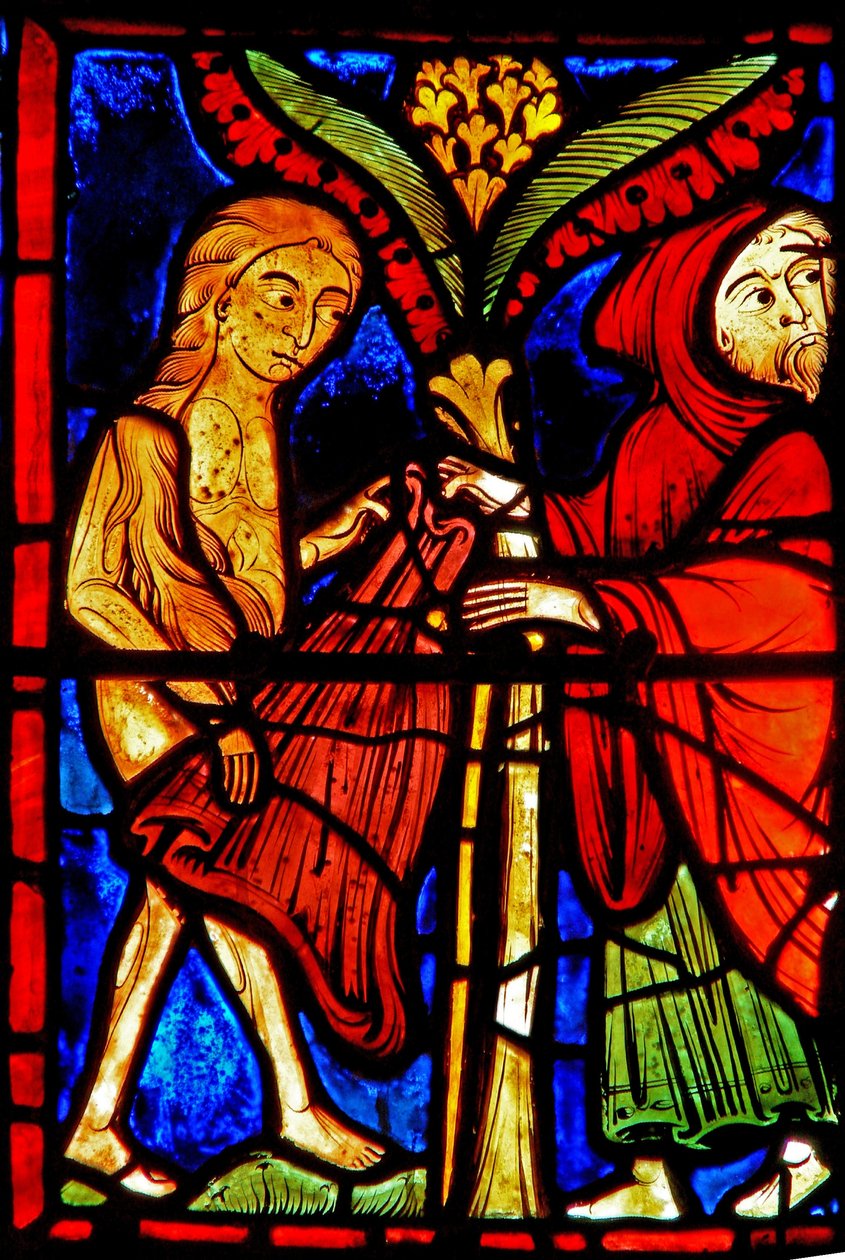 Vindu w21 som viser Zosimus gir St. Mary den egyptiske kappen sin av French School