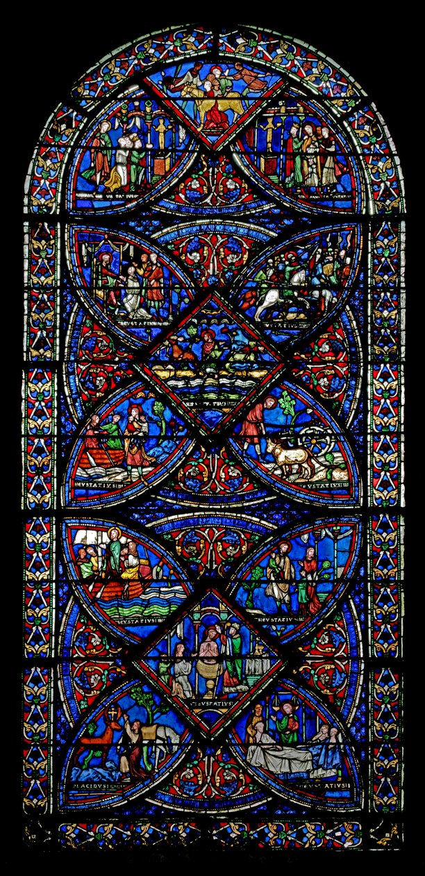 Vindu w21 som viser scener fra St Eustaches liv av French School