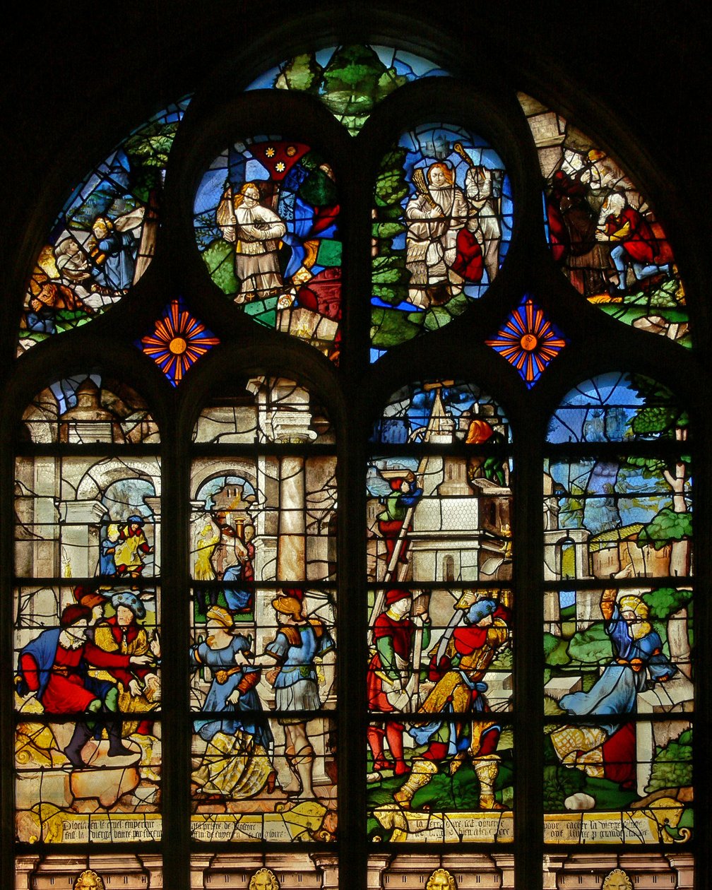 Vindu w21 som viser scener fra St Barbaras liv av French School
